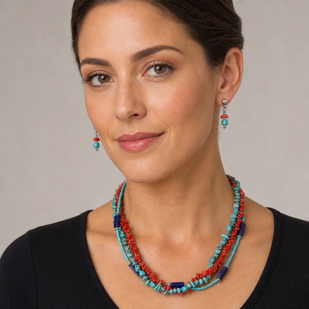 Turquoise Coral‎ Lapis Necklace Earring Set Blues & Red Excellent Condition Boho